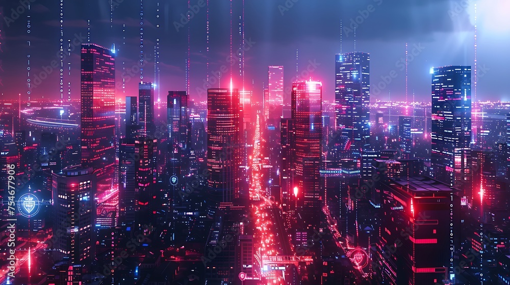 A cityscape with a neon glow and a futuristic feel