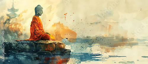Buddha's Tranquil Journey: Modern Watercolor with Chinese Cultural Elements photo