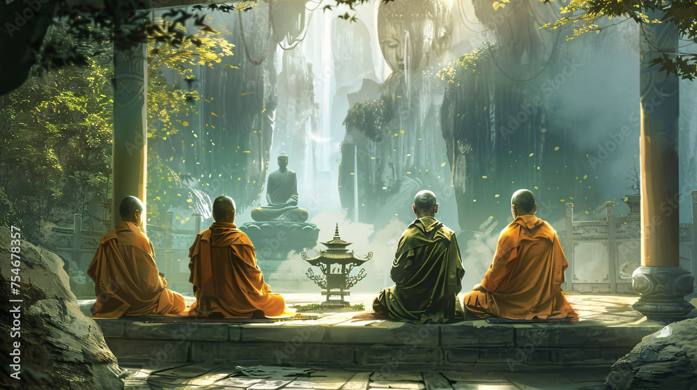 Serene Teaching: Buddha and Storytelling Monks in Spiritual Setting