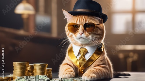Cool rich gangster boss cat hipster with sunglasses, hat, headphones, gold chain and money dollars. Business, finance, creative idea. Crypto investor cat is holding a lot of money. Winning, concept 