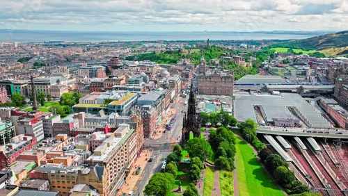 Aerial view of Spirelike Victorian Scott Monument in Edinburgh, Scotland. Gothic monument built in honour of the Scottish writer, 200 feet Tower in Princess Street Gardens, Edinburgh, Scotland. photo