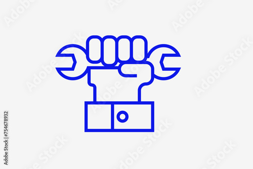 hand holding a wrench illustration in line style design. Vector illustration.