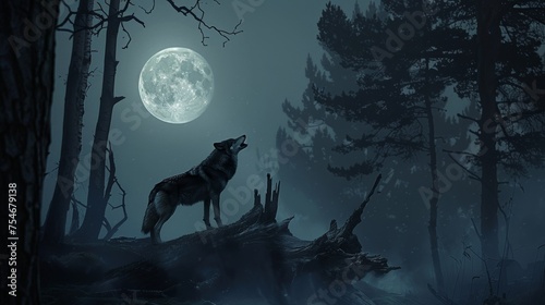 Eerie Lone Wolf Howling under Full Moon in Forest © AnimalAI