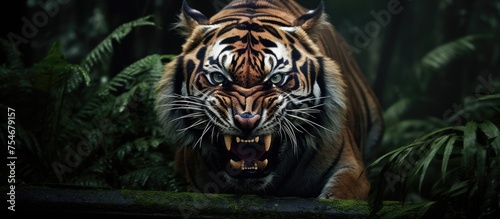 A large Sumatran tiger prowls through a dense, verdant forest. The tigers powerful presence is evident as it moves gracefully among the lush foliage, its striped coat blending seamlessly with the