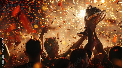 The triumphant moment when a soccer team lifts the championship trophy, surrounded by confetti, capturing the ultimate glory in soccer. 8k