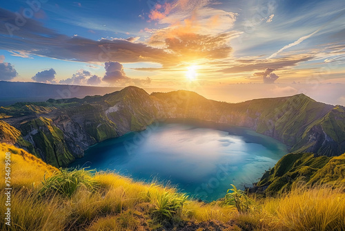 Beautiful volcano crater lake during sunset