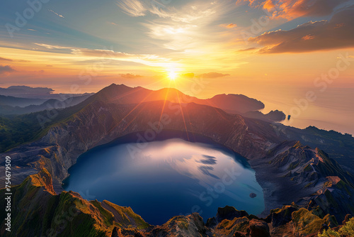 Beautiful volcano crater lake during sunset