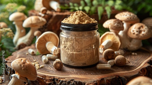  Glass jar filled with capsule supplements, surrounded by mushrooms on a rustic backdrop..