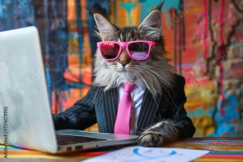 Cat wearing pink sunglasses in business suit and tie is working on laptop