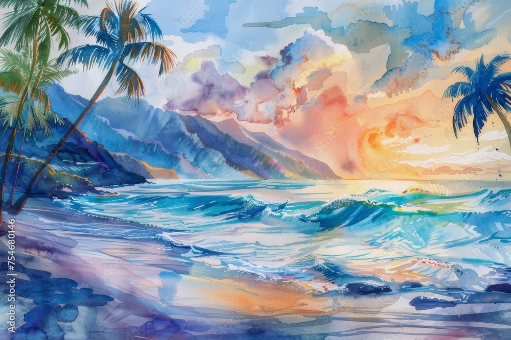 Watercolor image of a tranquil beach at sunset.