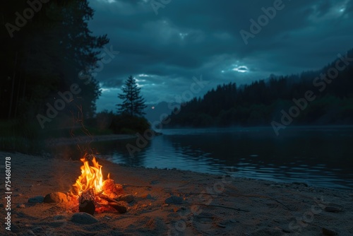 Romantic bonfire on a forest beach at night, with the gentle sound of a nearby stream under the moonlight. 8k