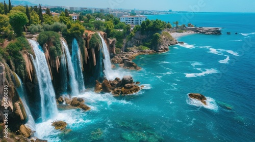 Panoramic aerial view of water cascading from platform into Mediterranean sea 