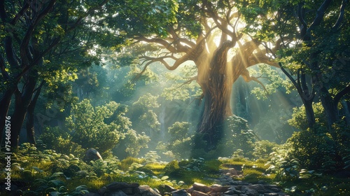 Depict ancient forests and towering trees as symbols of strength, resilience, and the power of nature to regenerate