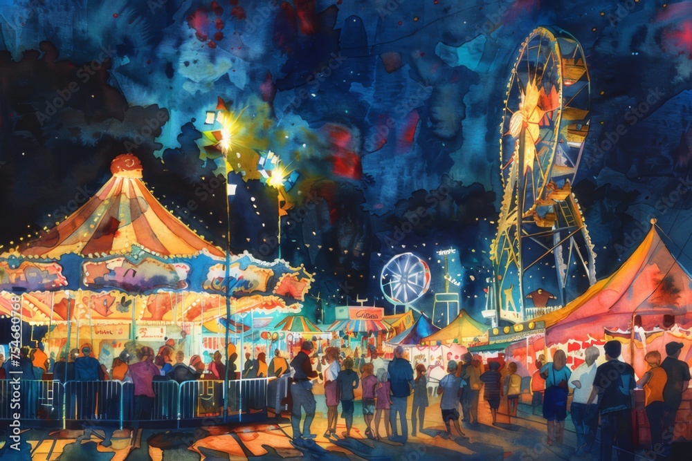 Obraz premium Watercolor painting of Carnival at night with a bustling crowd colorful toys and a fun atmosphere