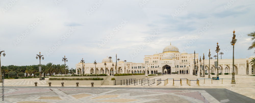 View from the window of a tourist bus on the presidential palace - Qasr Al Watan in Abu Dhabi city, United Arab Emirates