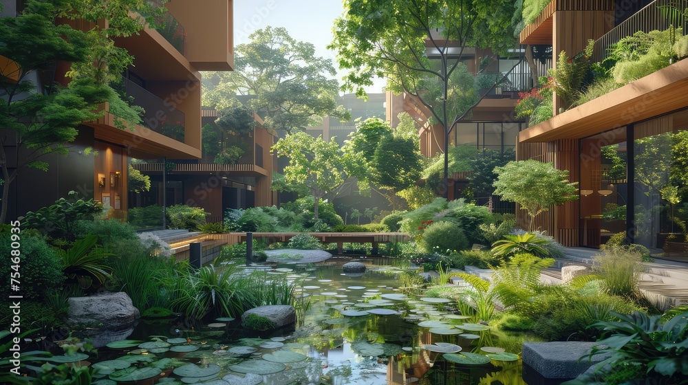 Perfect Harmony, Depict the harmonious coexistence of humans and nature, with urban environments seamlessly integrated with green spaces and natural elements