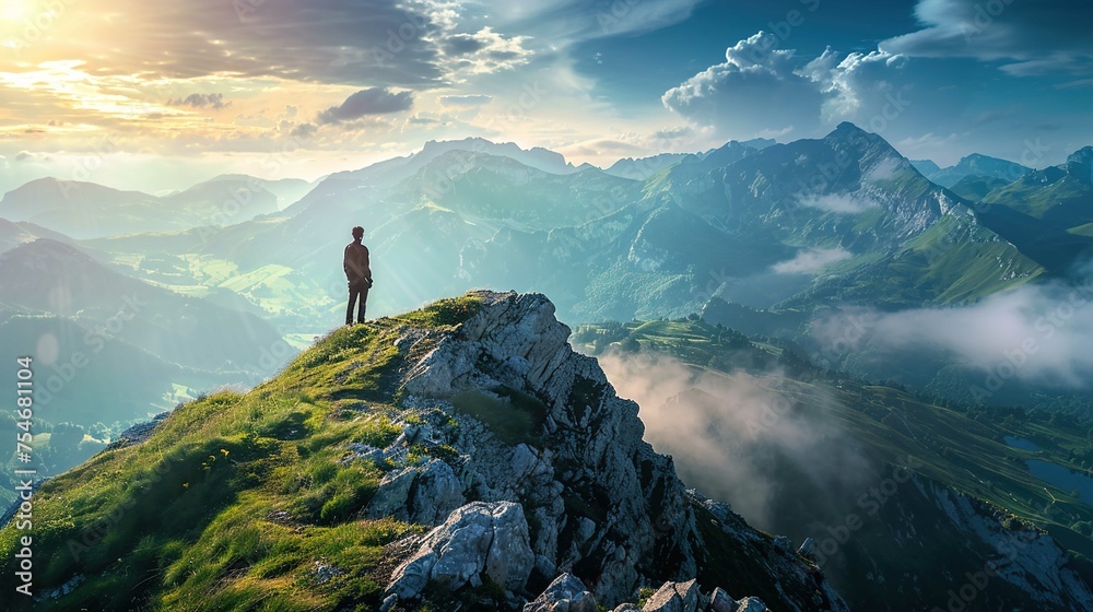 A solitary individual stands on the edge of a cliff, overlooking a breathtaking mountain landscape bathed in the soft, golden light of the setting sun. The sky above is a dramatic canvas of clouds wit