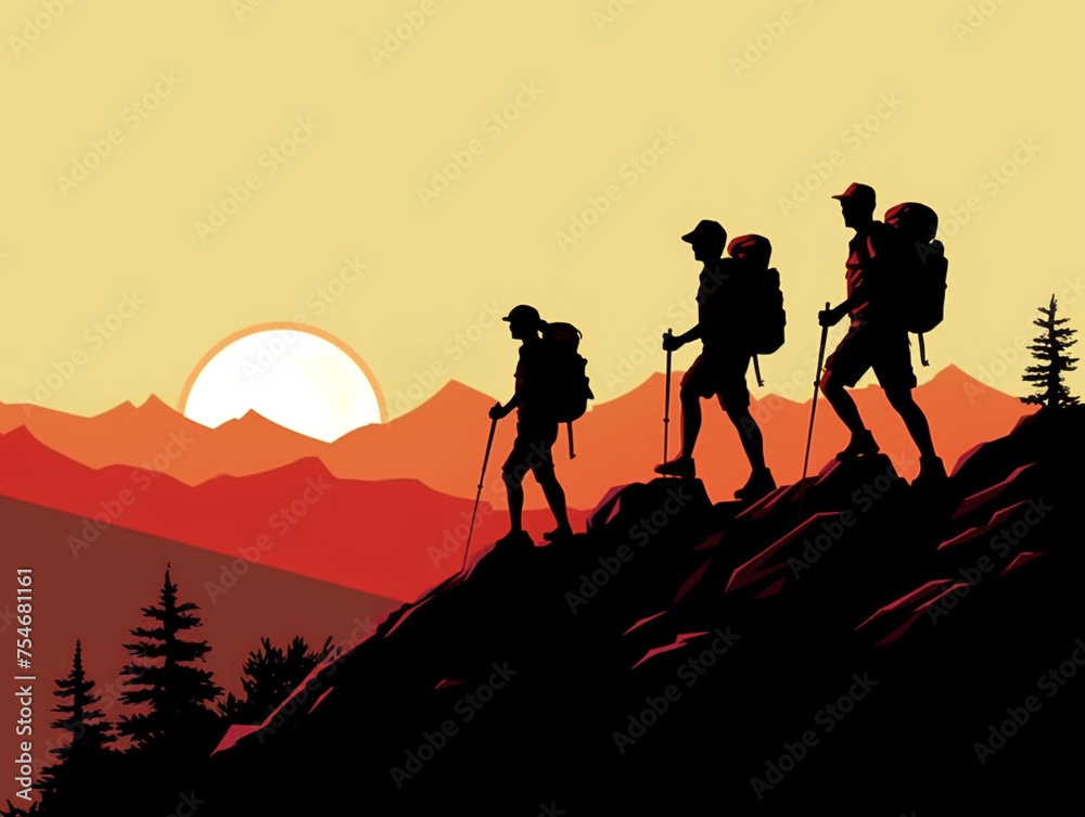 Silhouette of a group of hikers climbing a mountain with a beautiful view of the mountains as a background. Silhouette of a group of hikers climbing a mountain with a beautiful view of the mountains as a background.