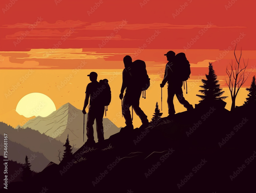 Silhouette of a group of hikers climbing a mountain with a beautiful view of the mountains as a background.