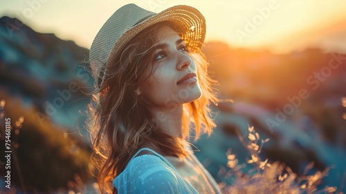 A young woman is captured from a side profile view against a sunset backdrop. The golden hour light softly illuminates her face, highlighting her gentle expression. She is wearing a straw hat with a r