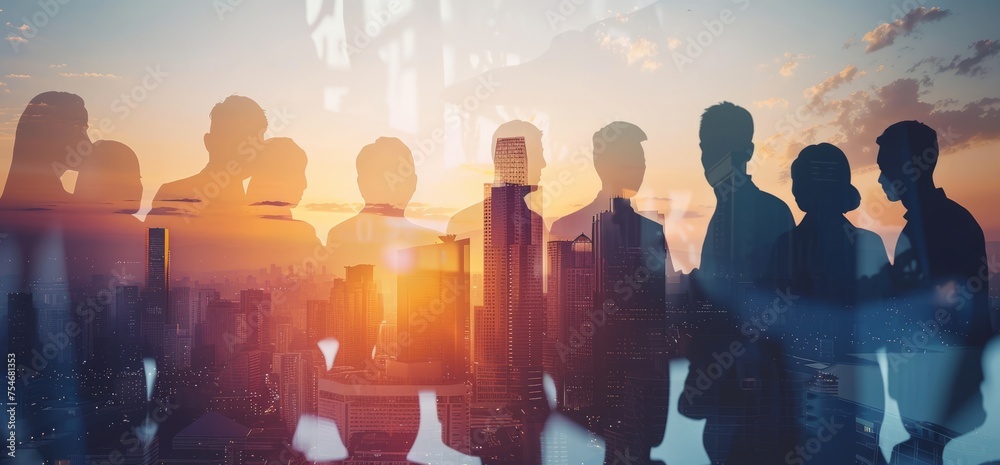 Obraz premium Many business people in the city office building double exposure images, the background shows the partners successful business transactions, teamwork, trust and the concept of agreement.