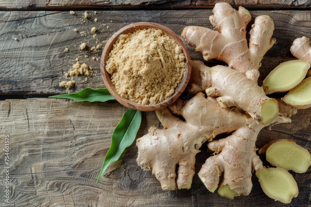 Fresh ginger root and ground ginger on wooden background Fresh ginger root and ground ginger on wooden background