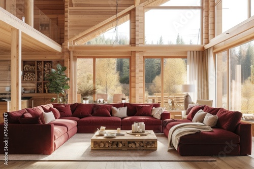 Interior of a light living room with maroon sofas in a wooden country house. 8k