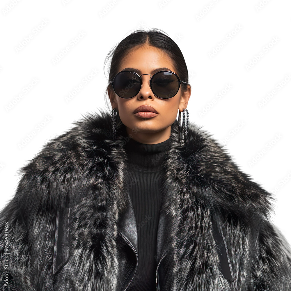 front view mid body shot of extremely beautiful female Latin model wearing a fox fur coat with sunglasses on a white transparent background. front view mid body shot of extremely beautiful female Latin model wearing a fox fur coat with sunglasses on a white transparent background.