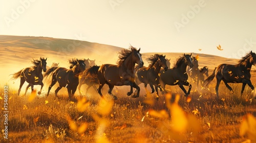 Energetic Wild Horses Running in Golden Meadow - Dynamic Shot © AnimalAI