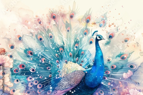 Beautiful peacock watercolor showing shimmering feathers.