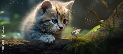 A small kitten is sitting on the ground, looking curious and alert. It is a playful scene with the kittens ears perked up and eyes wide open.