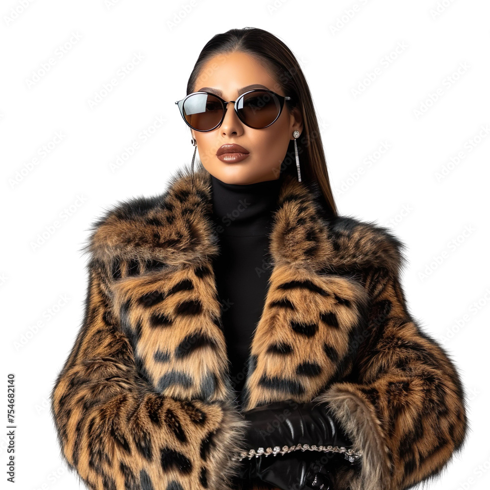 front view mid body shot of extremely beautiful female Latin model wearing a lynx and mink fur coat with sunglasses on a white transparent background. front view mid body shot of extremely beautiful female Latin model wearing a lynx and mink fur coat with sunglasses on a white transparent background.