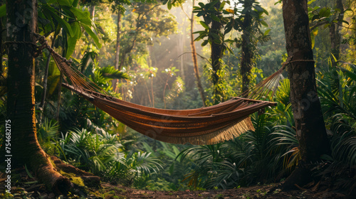 Warm sunlight filters through the dense foliage, illuminating a hammock in a peaceful jungle setting