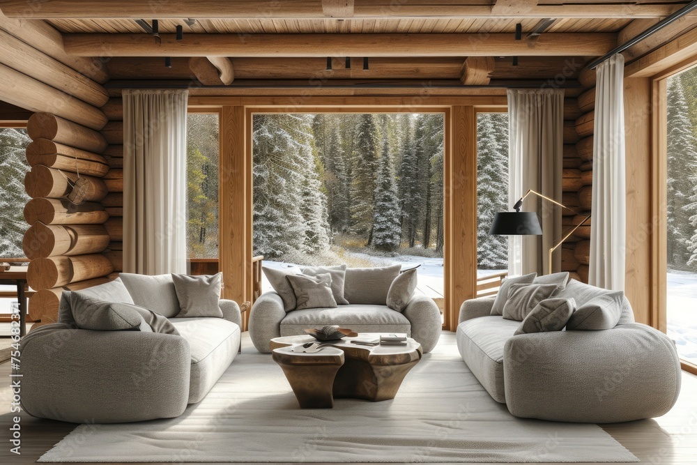 Fototapeta premium Interior of a light living room with silver sofas in a wooden country house. 8k
