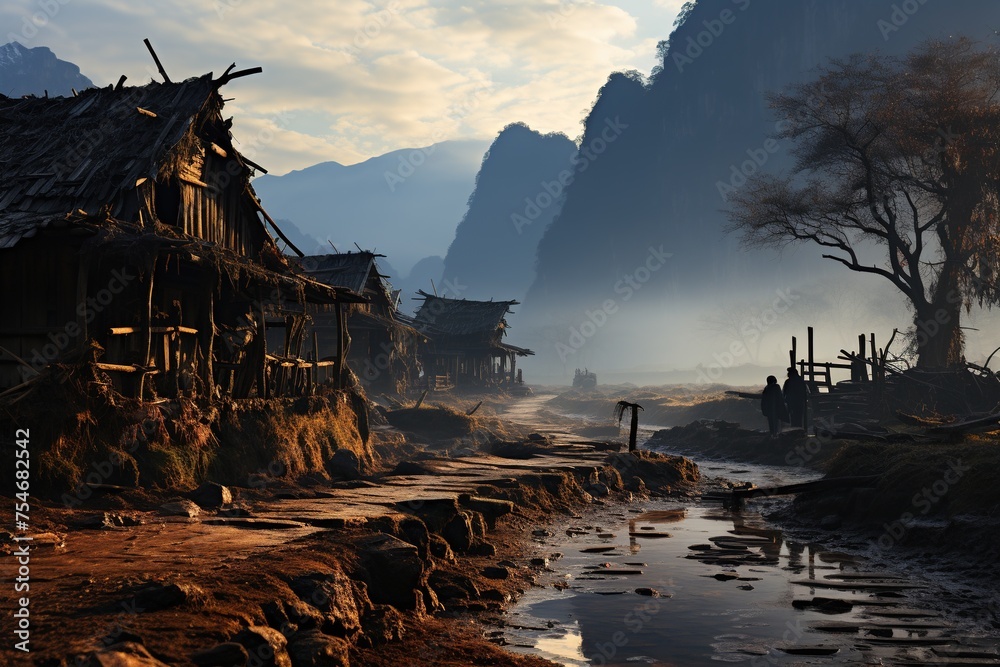 Fototapeta premium Rustic Mountain Village at Dawn with Mist. 