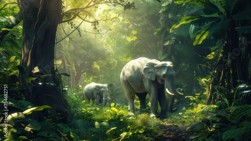 Tropical rainforest with big trees and two white elephants