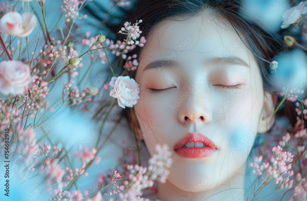 Beautiful Japanese girl, eyes closed, lying in a sea of pink flowers, pink petals floating around her face, soft light on her skin