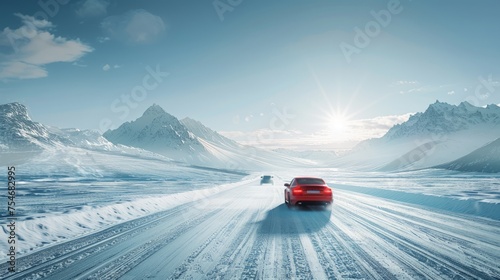 One or two cars were speeding down the piste and the sun was shining brightly.
