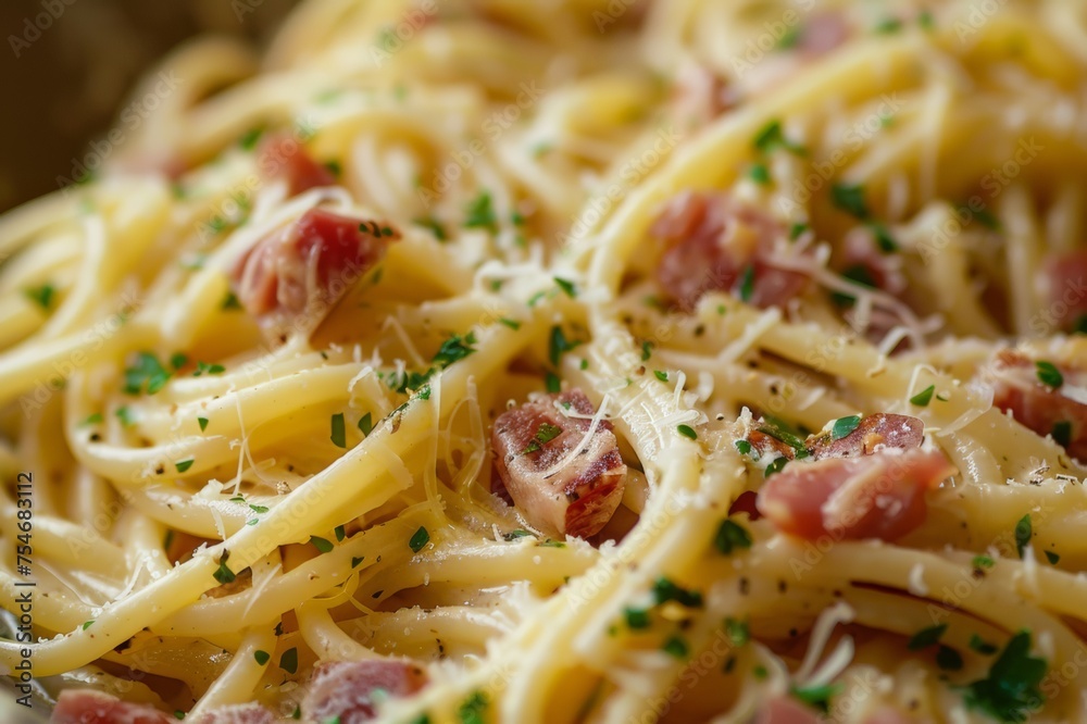 A close-up of a plate of spaghetti carbonara, a classic Italian dish. A close-up of a plate of spaghetti carbonara, a classic Italian dish.