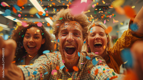 A man and two women are celebrating with confetti
