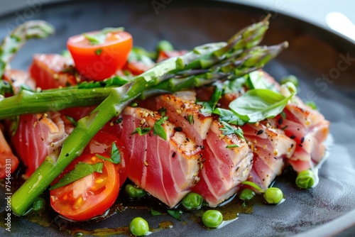Tuna topped with asparagus and tomatoes with green chilies
