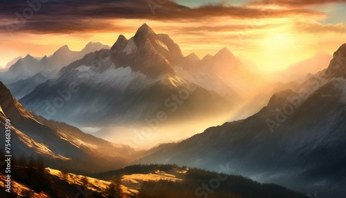 A serene mountain landscape bathed in the warm glow of a setting sun