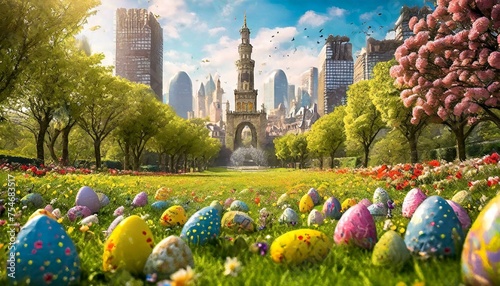 Easter eggs in a beautifully landscaped city park, with famous landmarks