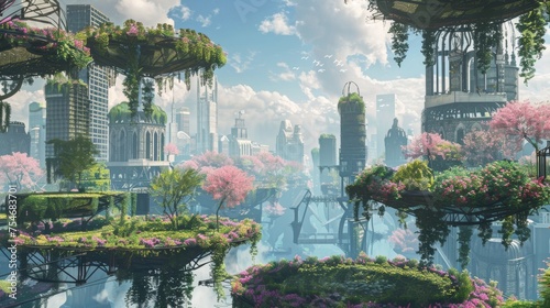 Spring Skyline Gardens Background the lush vibrant gardens floating against a backdrop of clear spring skies - Floating islands of greenery blossoming flowers created with Generative AI Technology © Sentoriak