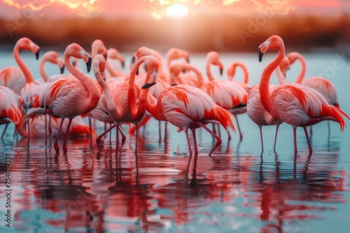 A flock of flamingos at sunset. Their pink color is reflected in the calm waters.