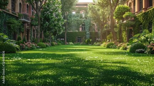 Lawn of Luxury, Capture a manicured lawn with elegant decorations, highlighting the beauty of well-maintained green spaces in urban environments #754684536