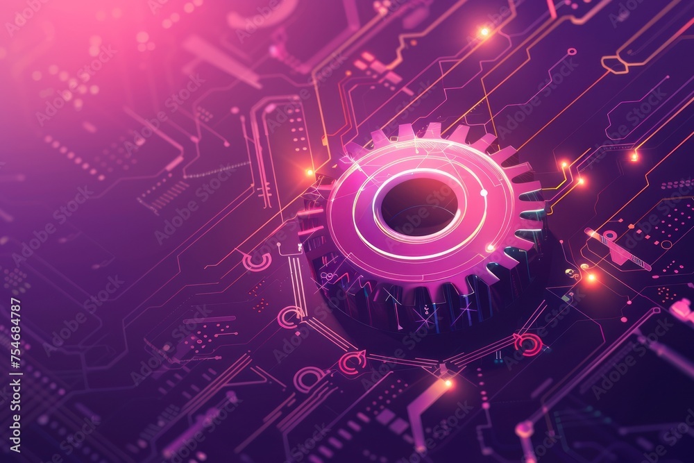 Fototapeta premium Vector gear wheel, octagon and circuit board, high tech digital technology and engineering, light purple background
