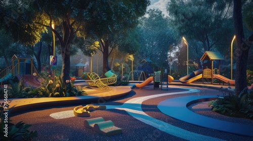 Inclusive Playground Design A playground designed for children of all abilities, featuring adaptive equipment, tactile play areas, and accessible paths, set in a vibrant community park. 8k photo