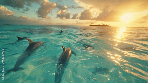 Turquoise Waters at Sunset with Playful Dolphins © AnimalAI
