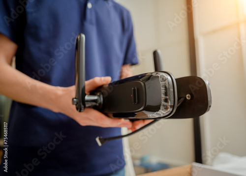 A technician assembles and installs smart electronic door lock for house protection